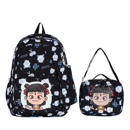 Black Neezha Back to School Backpack Collection Set 3 Pcs || مجموعة شنط العودة الى المدرسة ٣ حبة جنطة ظهر و شنطة اكل و مقلمة لون اسود